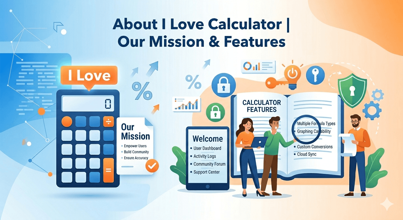About I Love Calculator illustration showing online calculator tools, user-friendly interface, fast calculations, multiple utilities, and accessibility for students, professionals, and everyday users