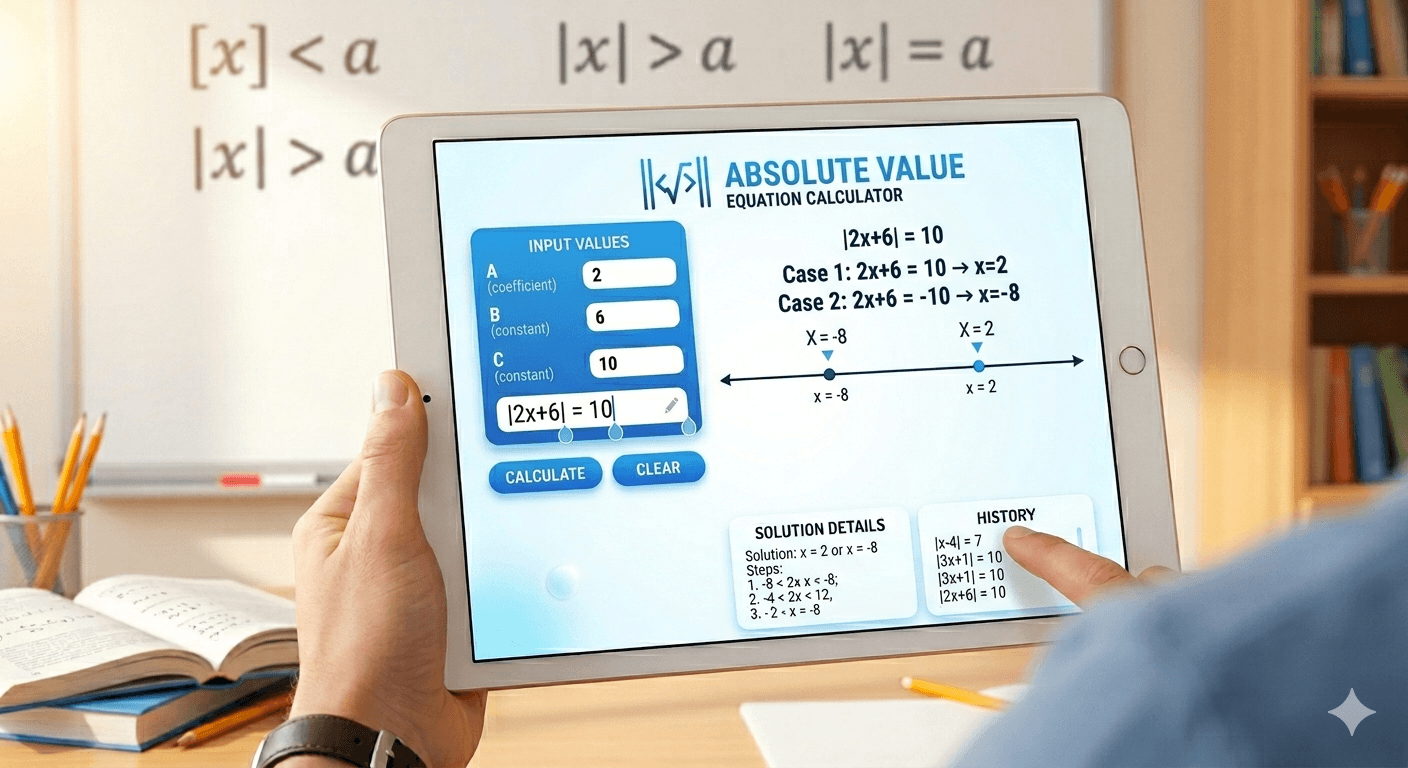 Absolute Value Equation Calculator Flowchart showing equation input, validation, solving process, and result display