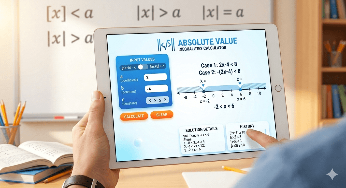 Absolute Value Inequalities Calculator Flowchart showing inequality input, validation, solving process, and result display