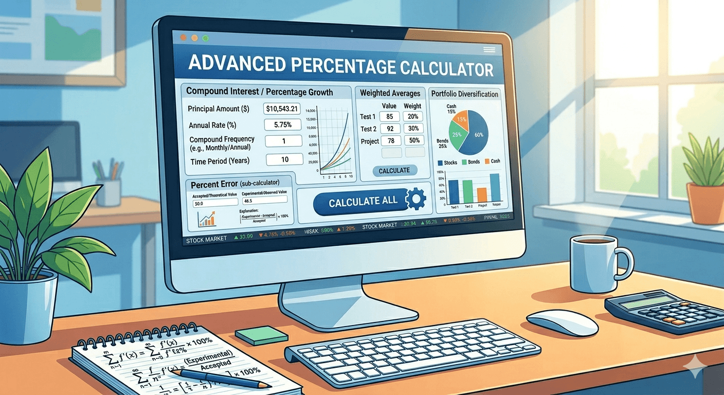 Advanced Percentage Calculator Flowchart showing inputs, validation, calculation steps for various percentage operations, and result display