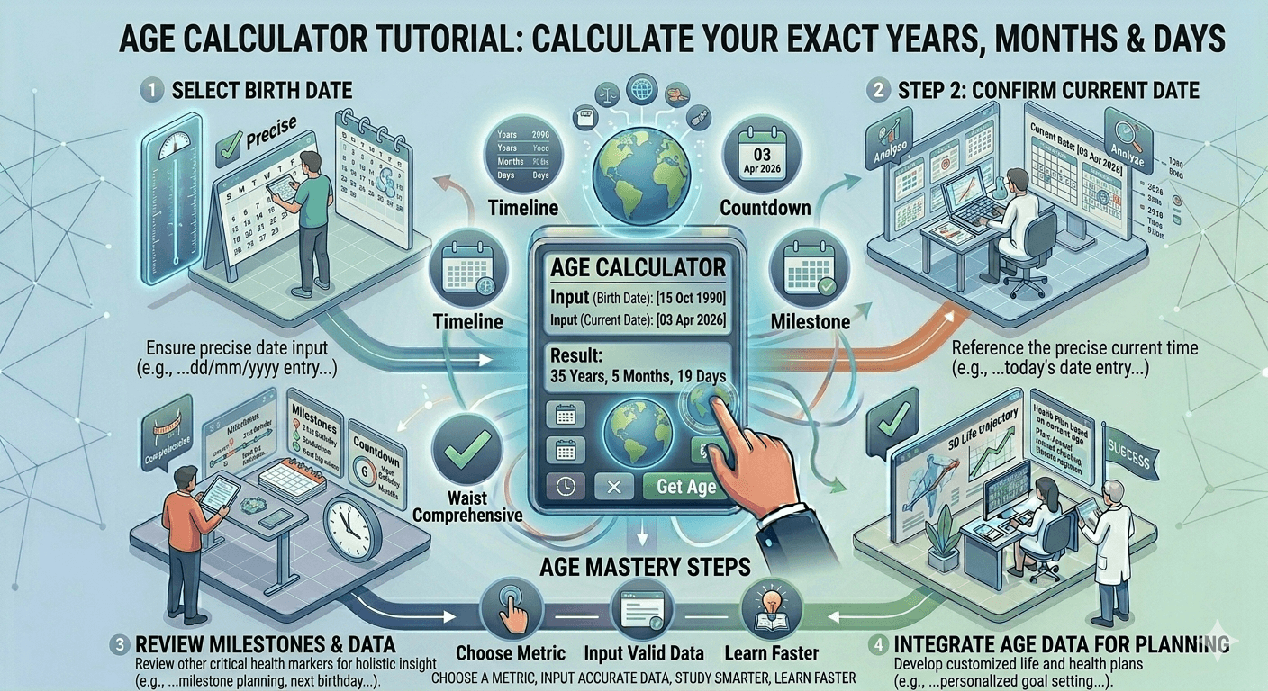 Age Calculator Flowchart showing input of birth date and current date, calculation of exact years, months, and days, and display of result