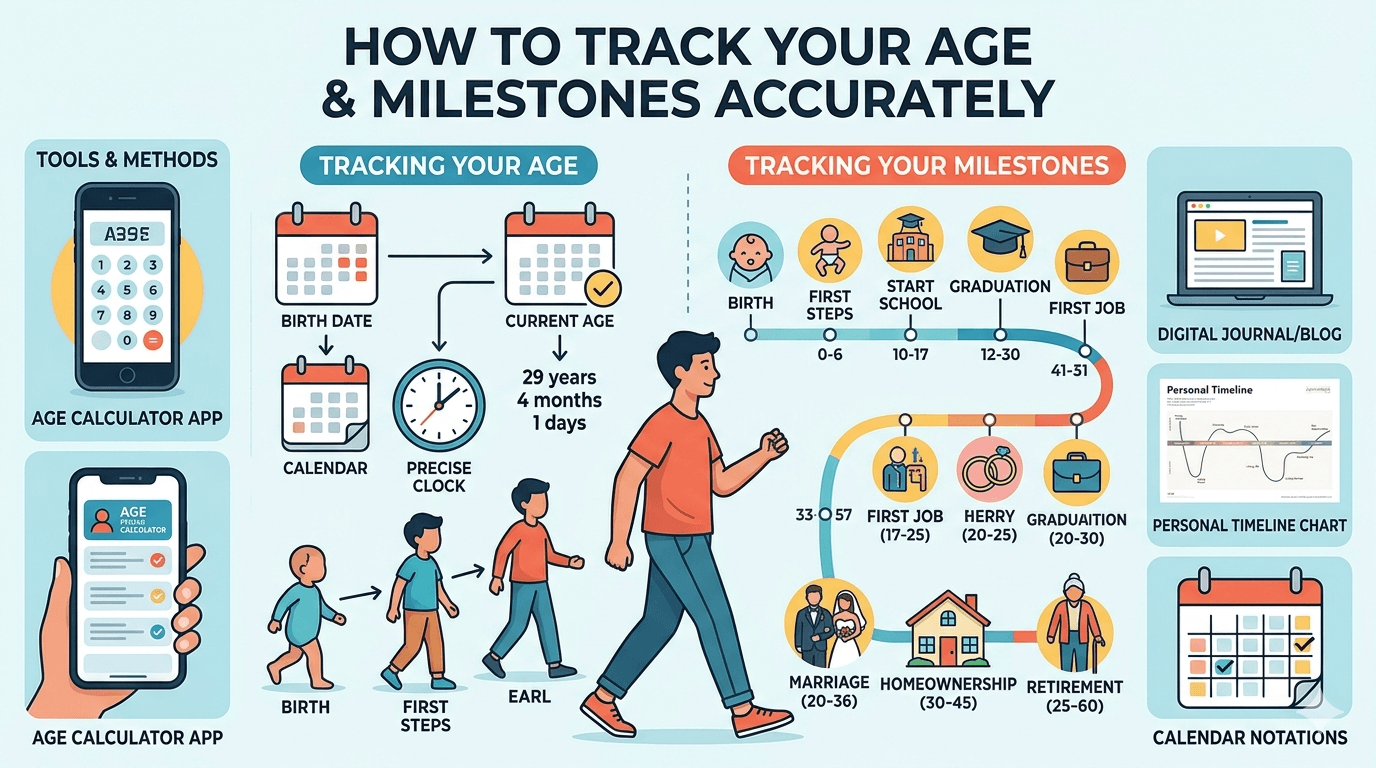 Age & Milestones Tracking Flowchart showing input of birth date, calculation of current age, validation, milestone identification, and display of results