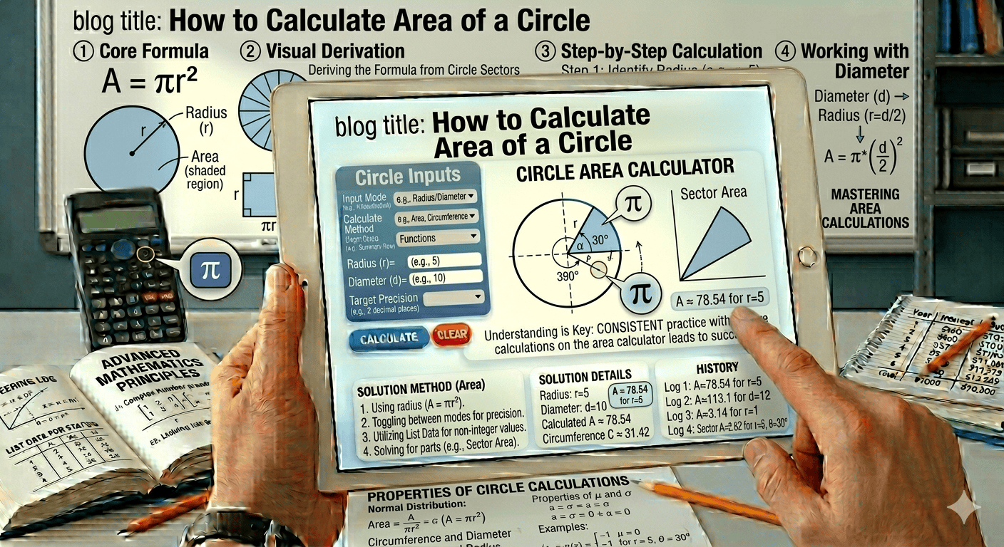 Area of a Circle Flowchart showing radius input, validation, area calculation process using formula πr², and result display