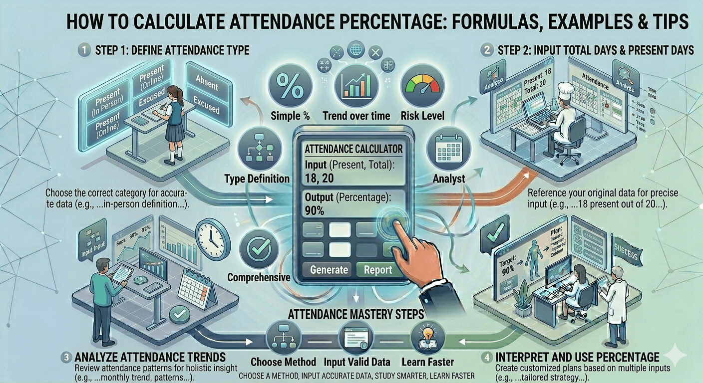 Attendance Percentage Calculator Flowchart showing input of total classes and attended classes, calculation process, and percentage result display