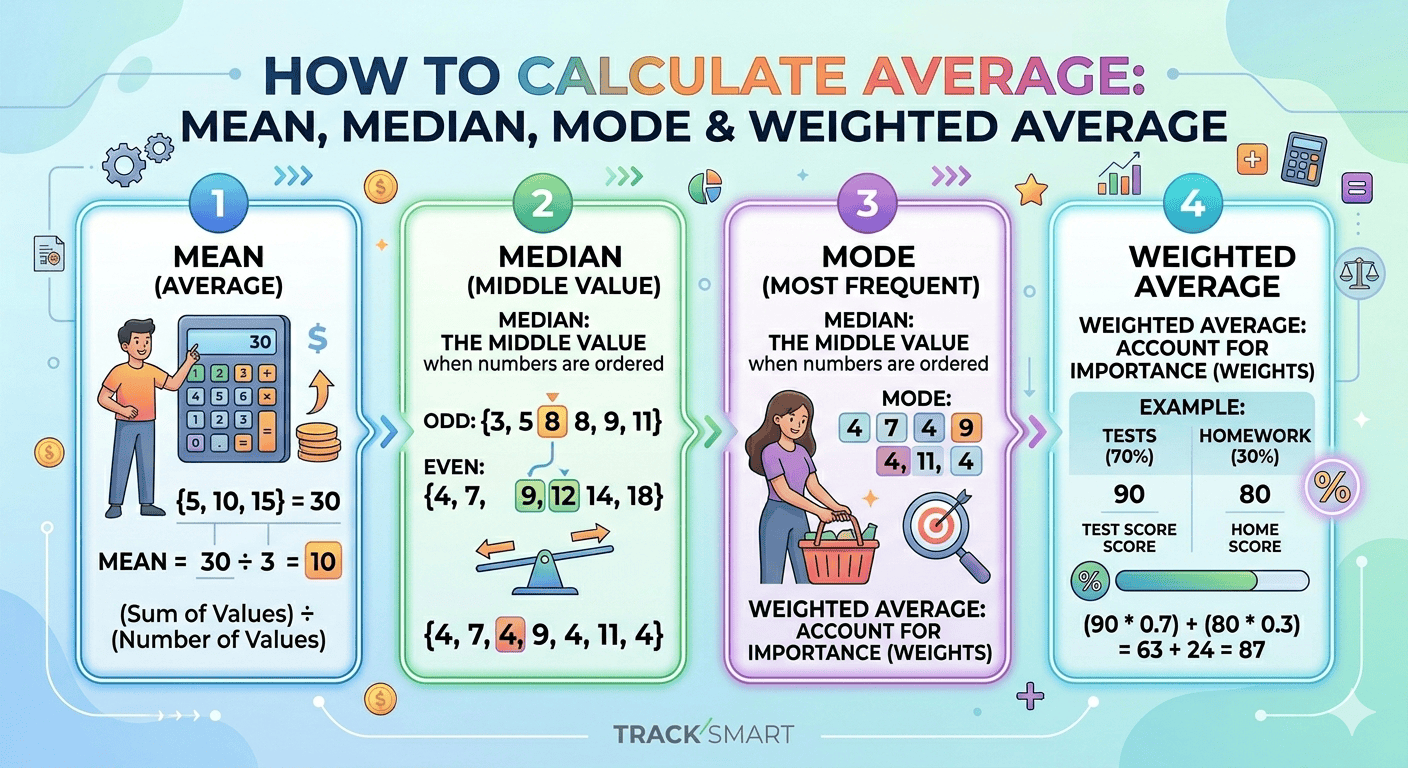 Average Calculation Flowchart showing input of data set, selection of calculation type (mean, median, mode, weighted), validation, computation process, and display of results