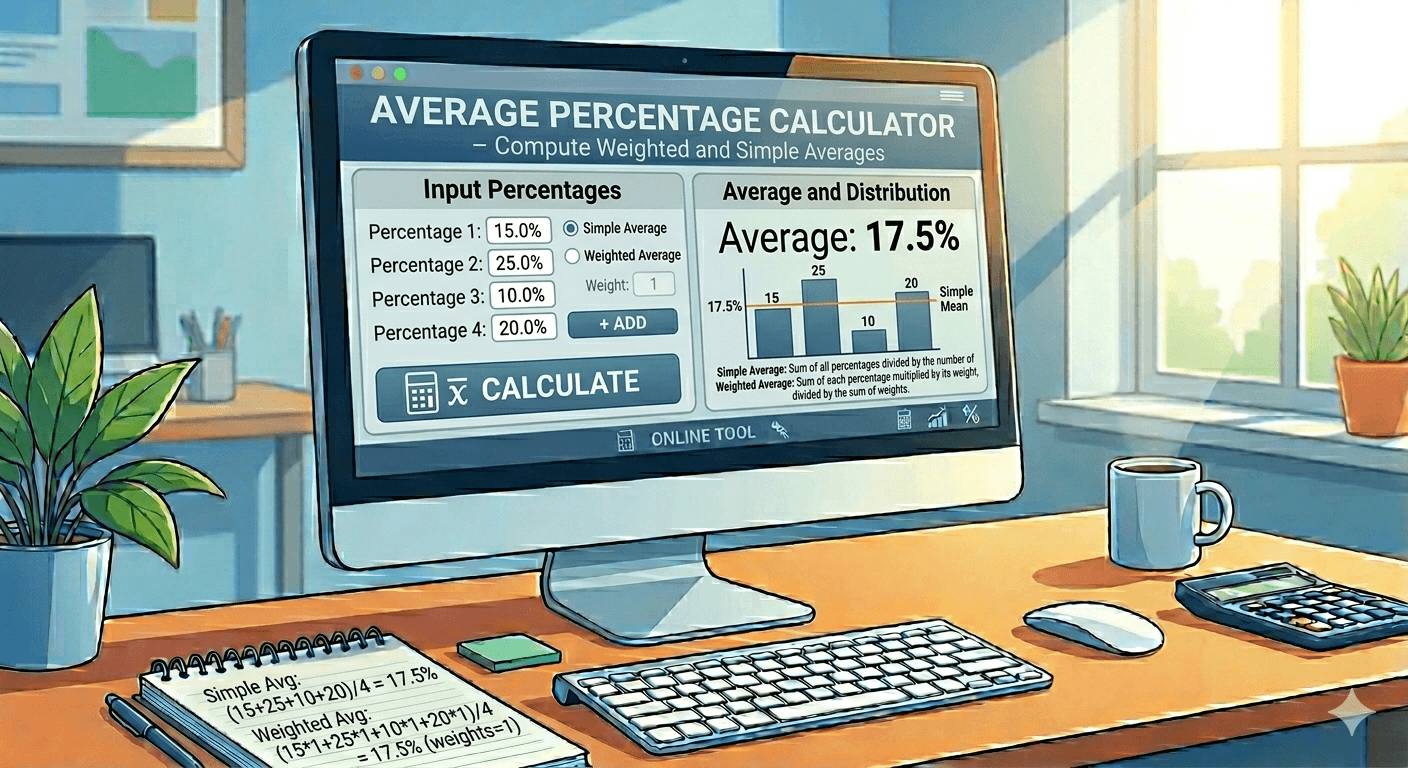 Average Percentage Calculator Flowchart showing multiple percentage inputs, validation, calculation of average percentage, and result display