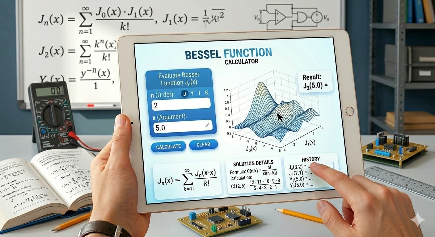 Bessel Function Calculator Flowchart showing input of variables, validation, Bessel function calculation process, and result display