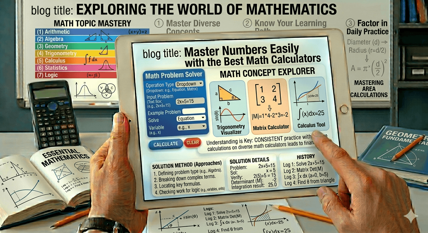 Math Calculators Flowchart showing number input, selection of calculator type, validation, calculation process, and result display