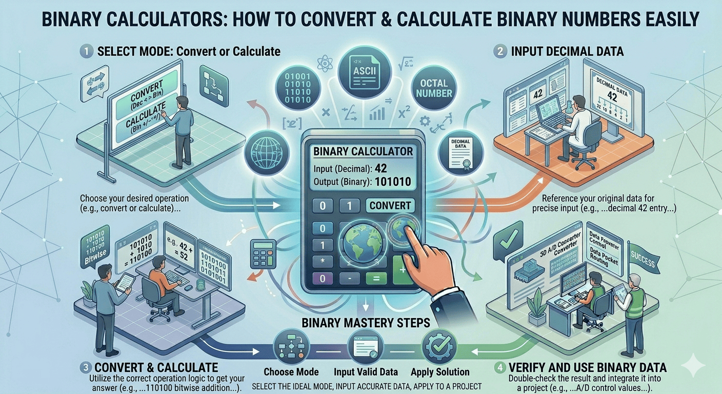 Binary Calculator Flowchart showing binary input, conversion process, calculation steps, and result display