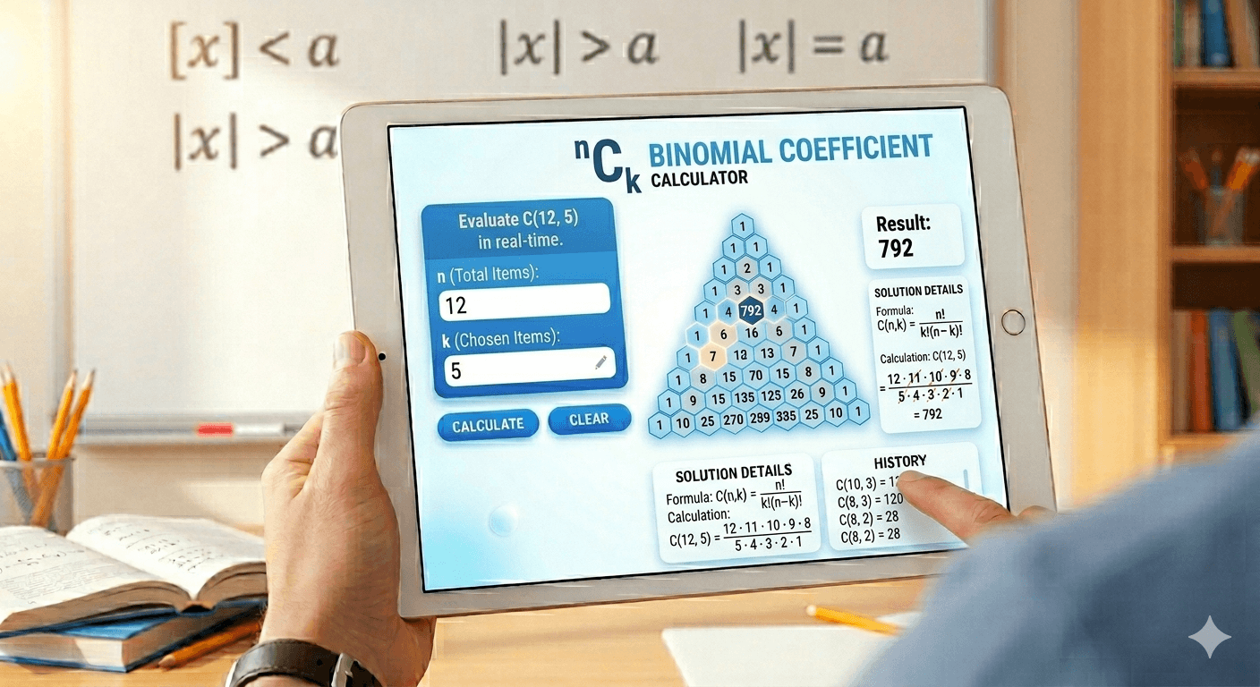 Binomial Coefficient Calculator Flowchart showing input of n and r values, validation, calculation process, and result display