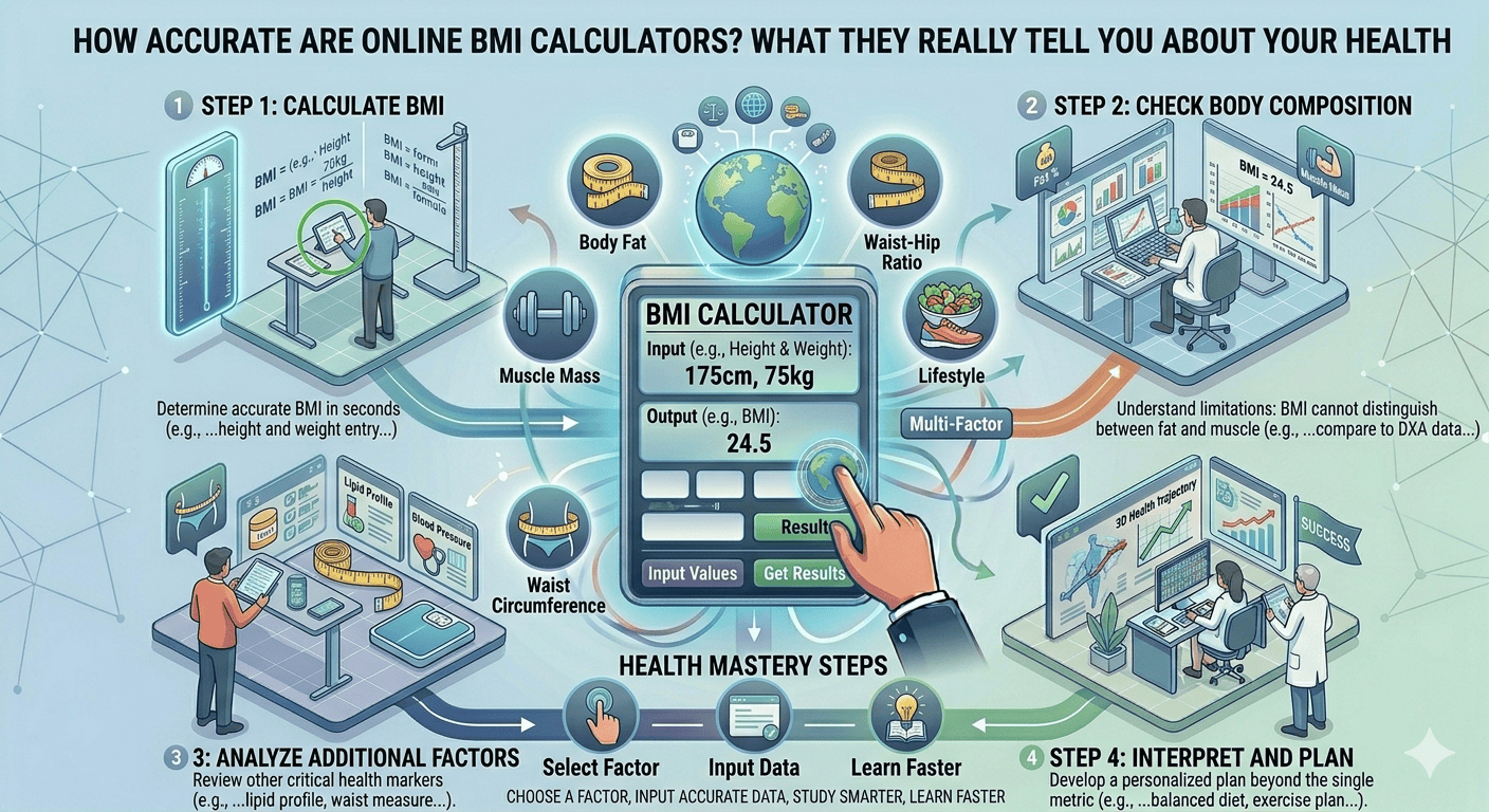 BMI Calculator Flowchart showing height and weight input, BMI calculation process, result interpretation, and health category display