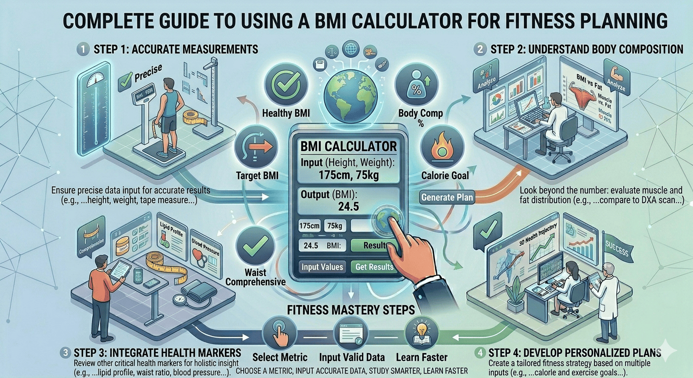 BMI Calculator Flowchart showing input of height and weight, calculation of BMI, classification of BMI, and fitness planning recommendations