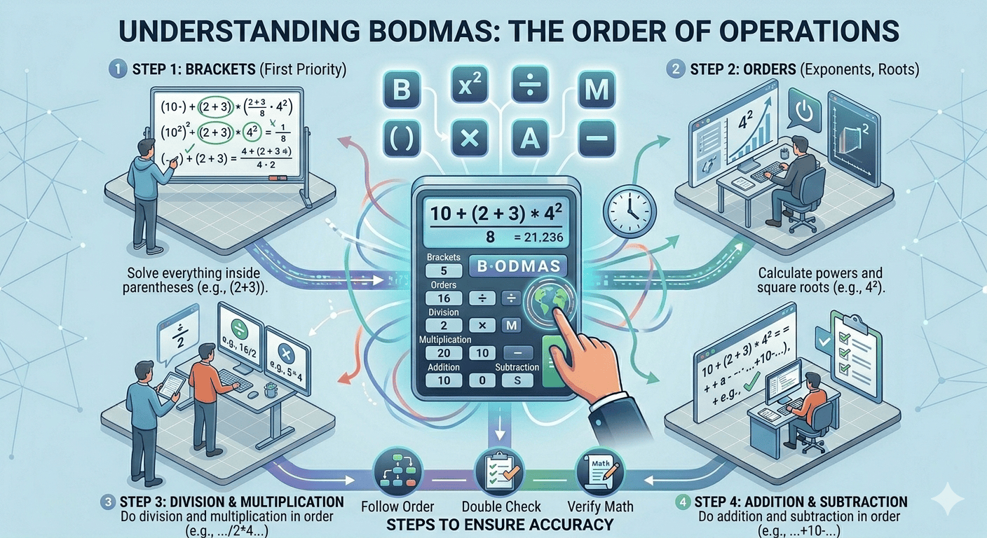 BODMAS Calculator Flowchart showing input of mathematical expression, order of operations processing, validation, and final result display