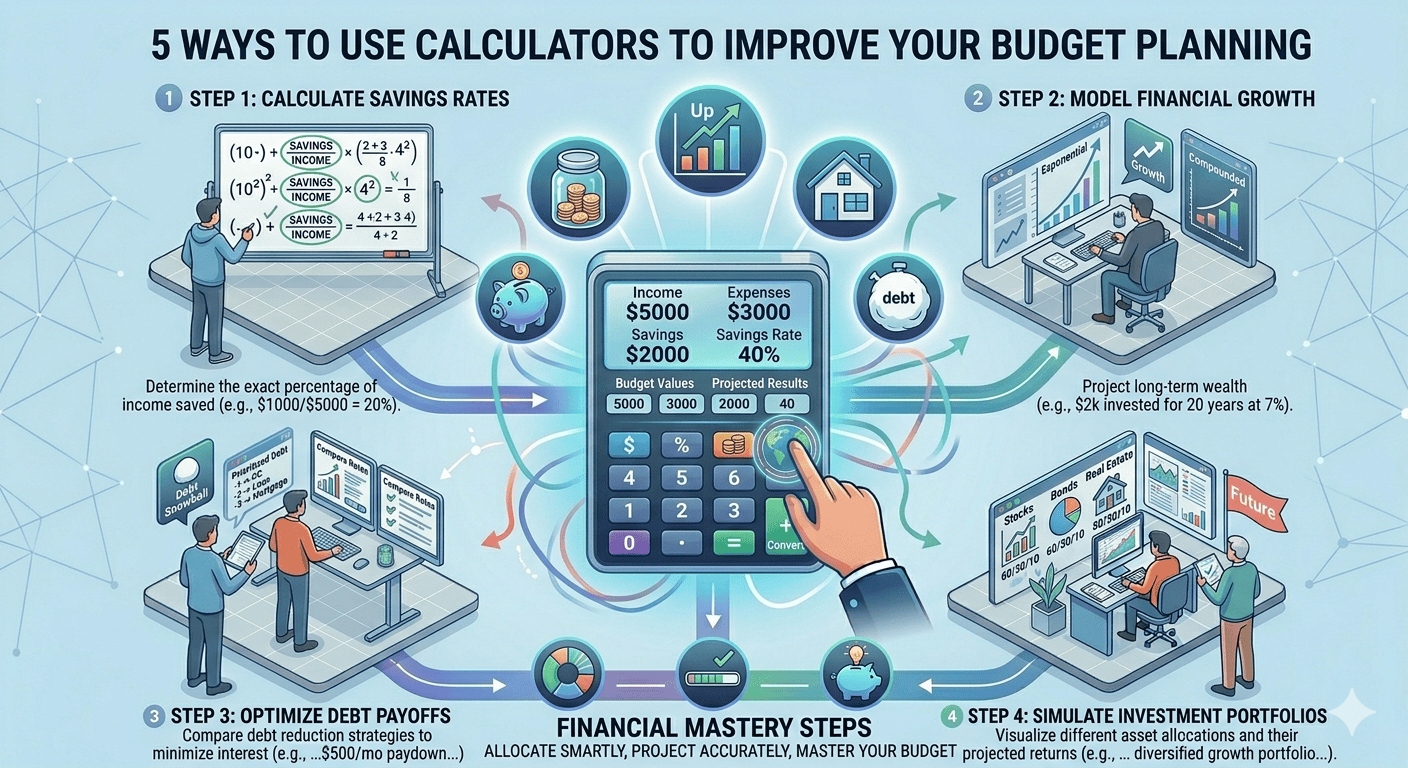 Budget Planning Calculator Flowchart showing input of income and expenses, calculation process, savings estimation, and result display