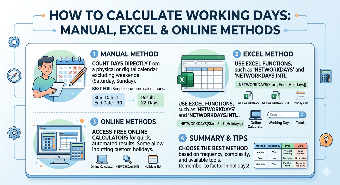 Working Days Calculation Flowchart showing input of start and end dates, selection of calculation method (manual, Excel, online), validation, computation process, and result display
