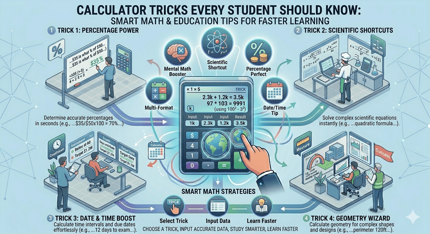 Calculator Tricks Flowchart showing smart math tips, shortcut methods, educational examples, and faster learning strategies
