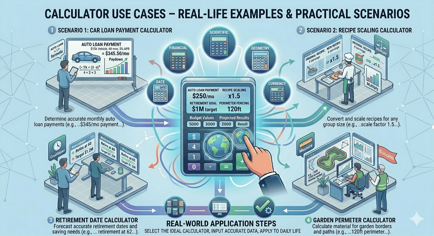 Calculator Use Cases Flowchart showing different real-life scenarios, input examples, calculation steps, and results display