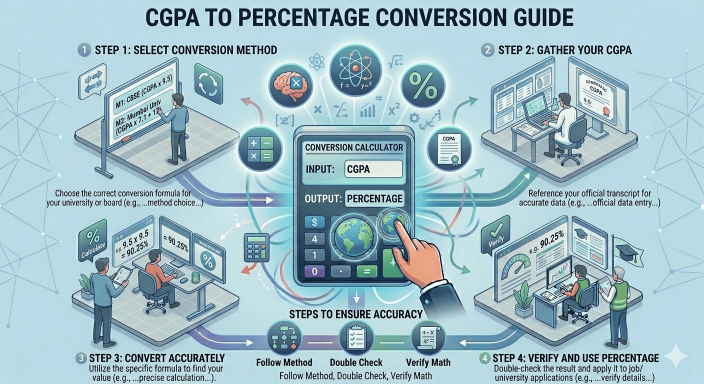 CGPA to Percentage Conversion Flowchart showing CGPA input, calculation method, validation, and result display