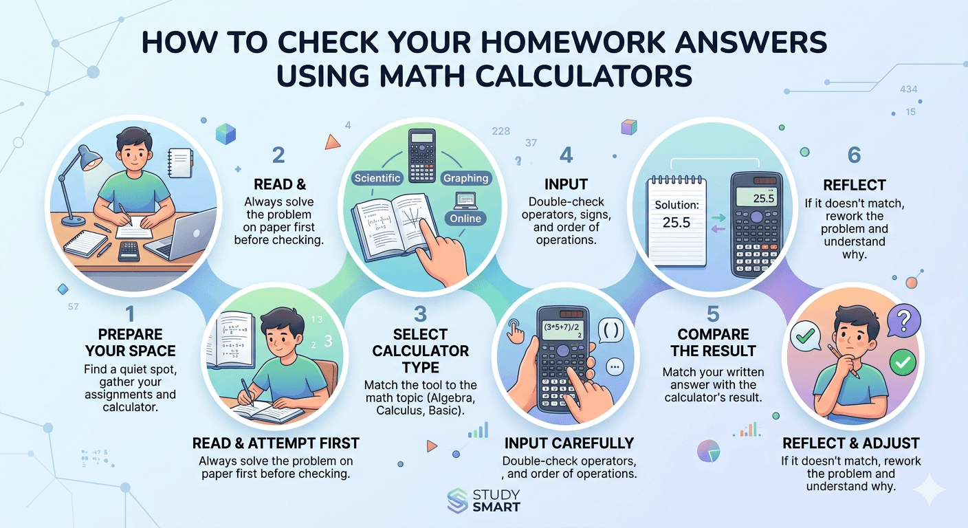 Homework Answer Checking Flowchart showing problem input, validation, selection of calculator type, calculation process, and result comparison display