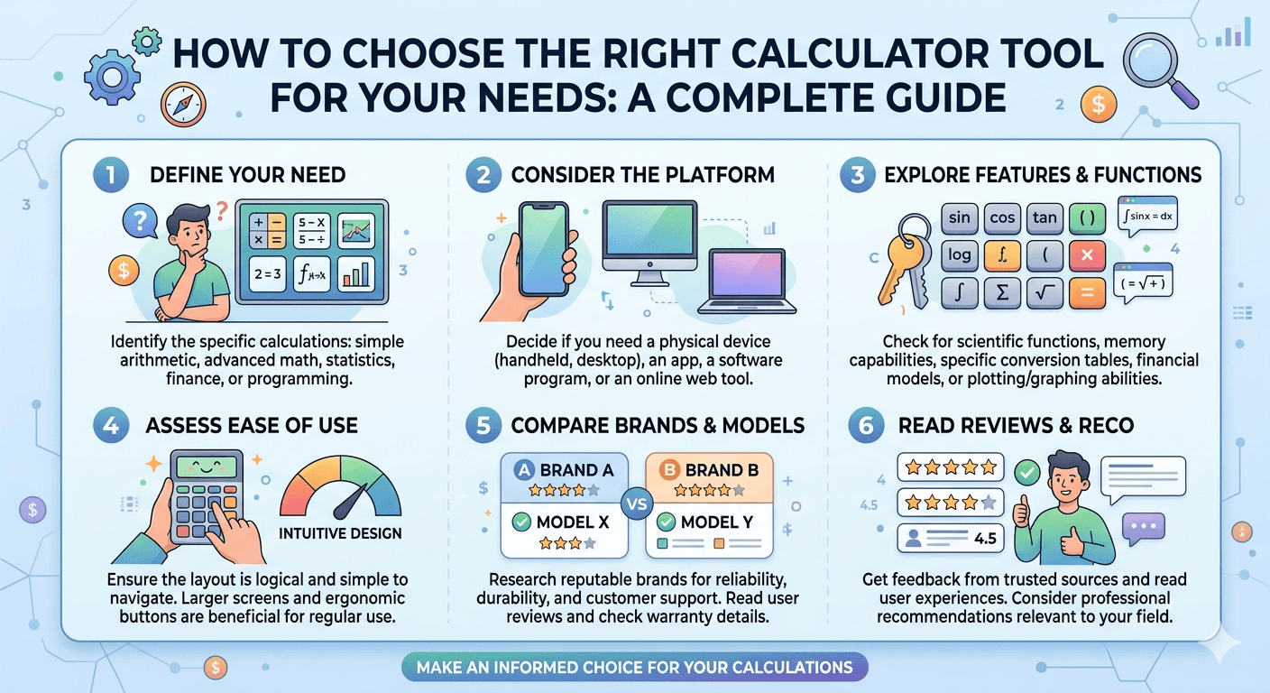 Calculator Selection Flowchart showing user input of calculation needs, comparison of available calculator types, validation, decision process, and recommended calculator display