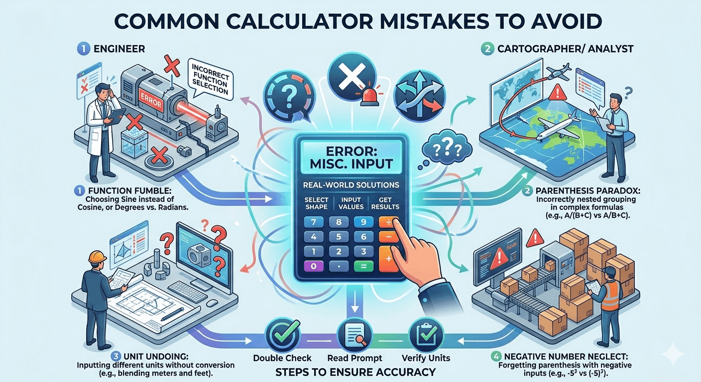 Flowchart illustrating common calculator mistakes, including input errors, wrong formula usage, order of operations errors, and tips to avoid them