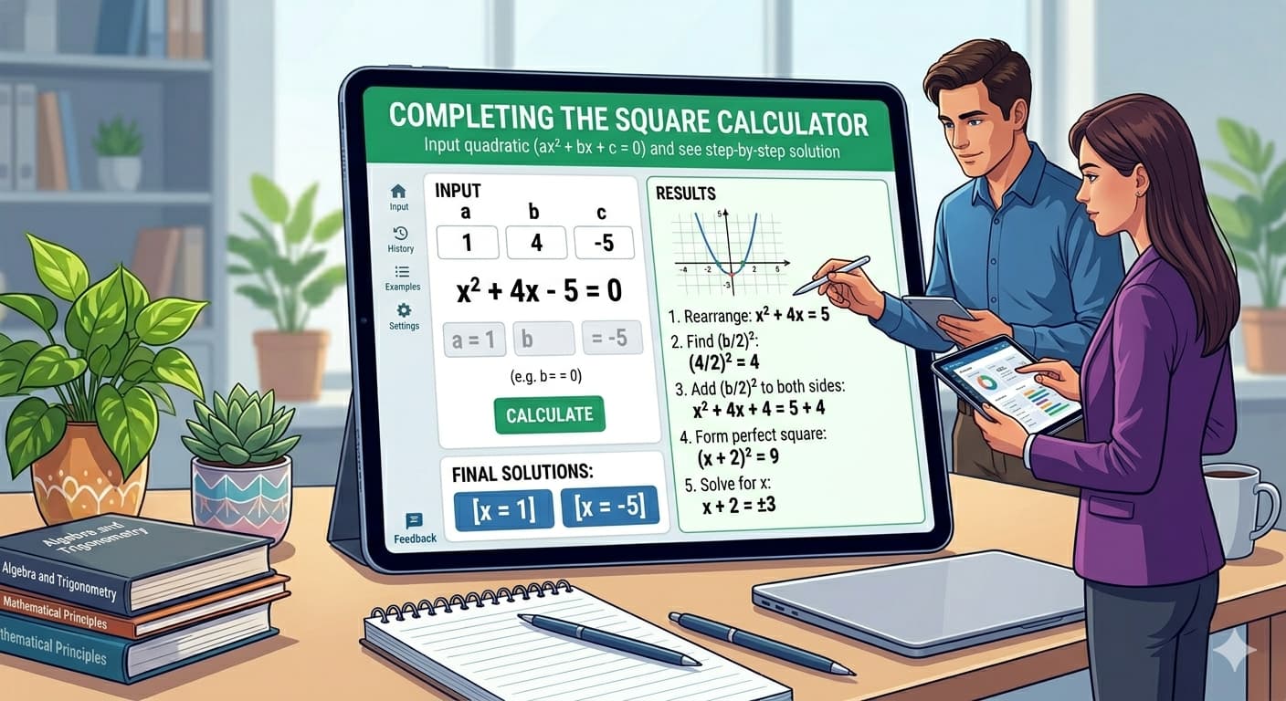 Completing the Square Calculator Flowchart showing quadratic equation input, validation, completing the square steps, and result display