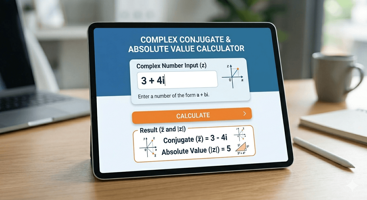 Complex Conjugate & Absolute Value Calculator Flowchart showing complex number input, validation, conjugate and absolute value calculation process, and result display