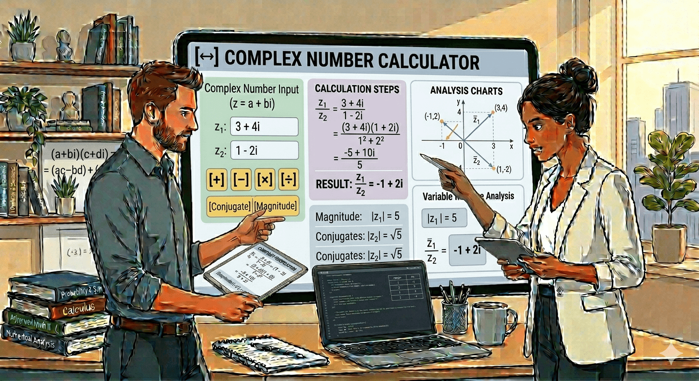 Complex Number Calculator Flowchart showing complex number input, validation, arithmetic operations process, and result display