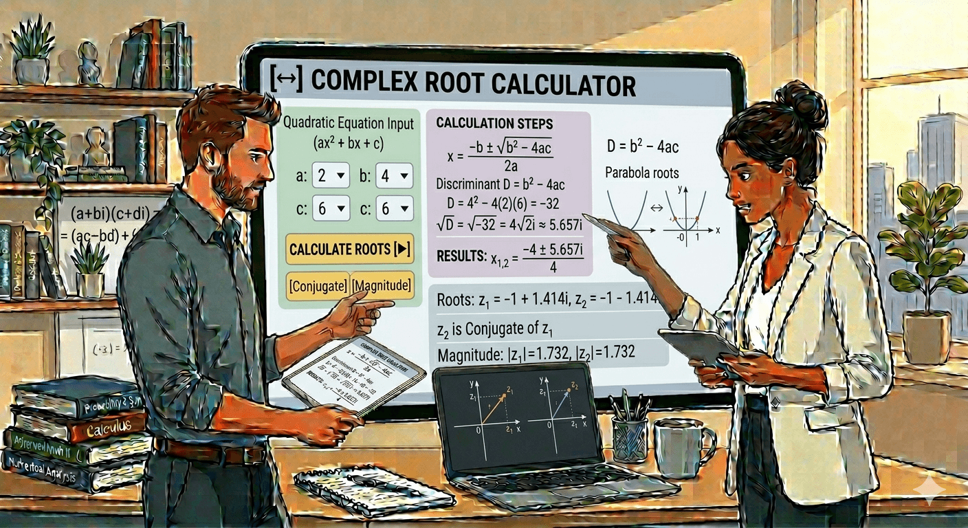 Complex Root Calculator Flowchart showing polynomial input, validation, complex root calculation process, and result display
