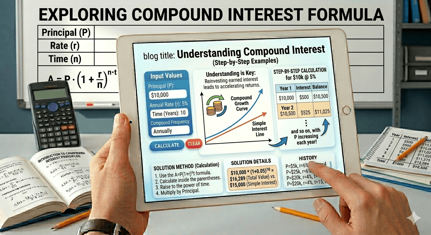 Compound Interest Flowchart showing principal input, rate and time input, validation, compound calculation process, and final amount display