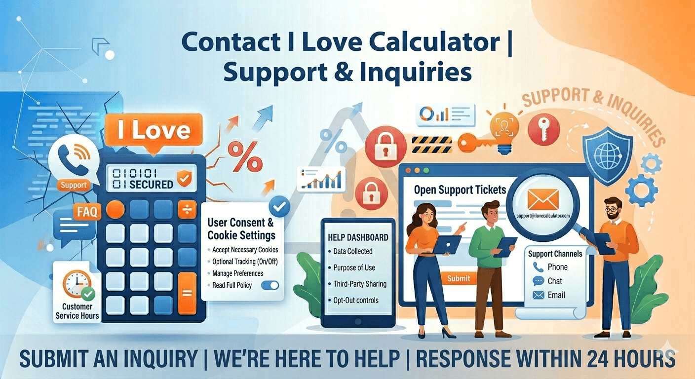 Contact I Love Calculator illustration showing customer support, user inquiries, help assistance, email communication, feedback, and responsive support services