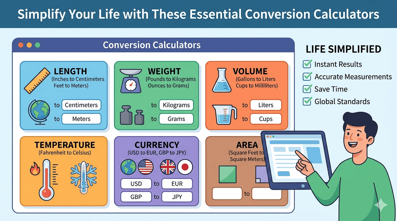 Conversion Calculators Flowchart showing selection of measurement type, input of values, validation, calculation process, and display of converted results
