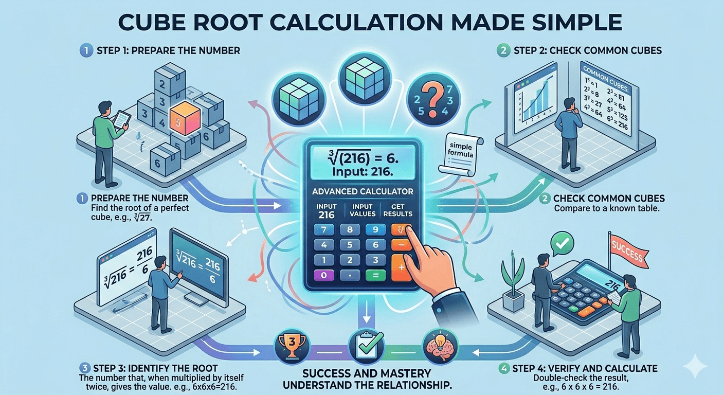 Flowchart showing the cube root calculation process, including input, validation, calculation steps, and final result