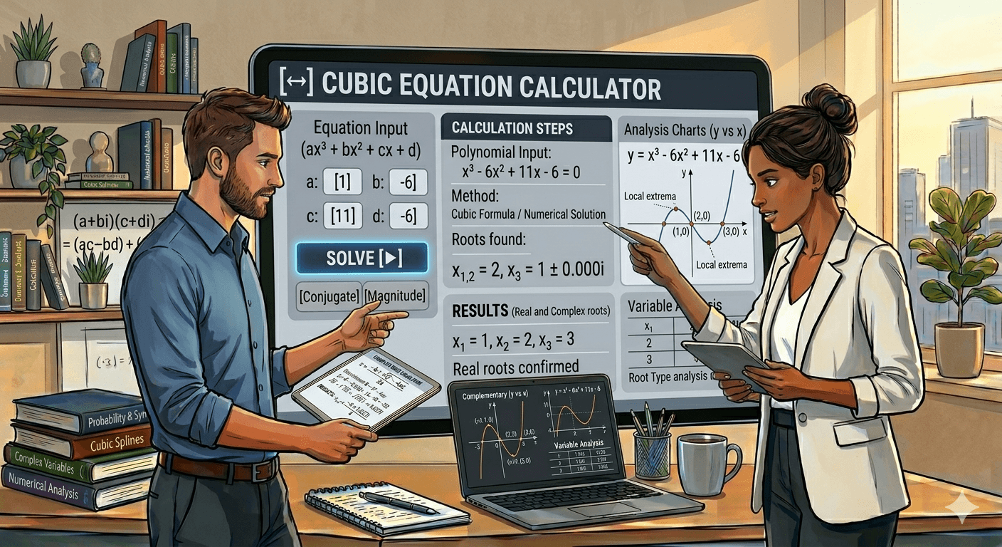 Cubic Equation Calculator Flowchart showing cubic equation input, validation, solution calculation process, and result display
