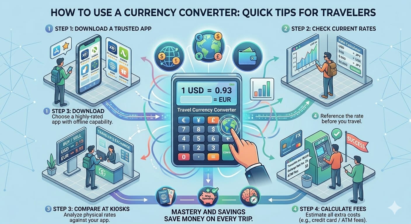 Flowchart showing how to use a currency converter including input of amount, selecting currencies, conversion process, and result display