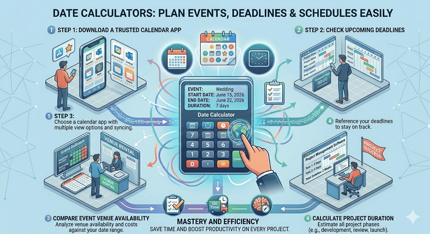 Flowchart showing how to use a date calculator including entering start and end dates, choosing calculation type, processing, and displaying results
