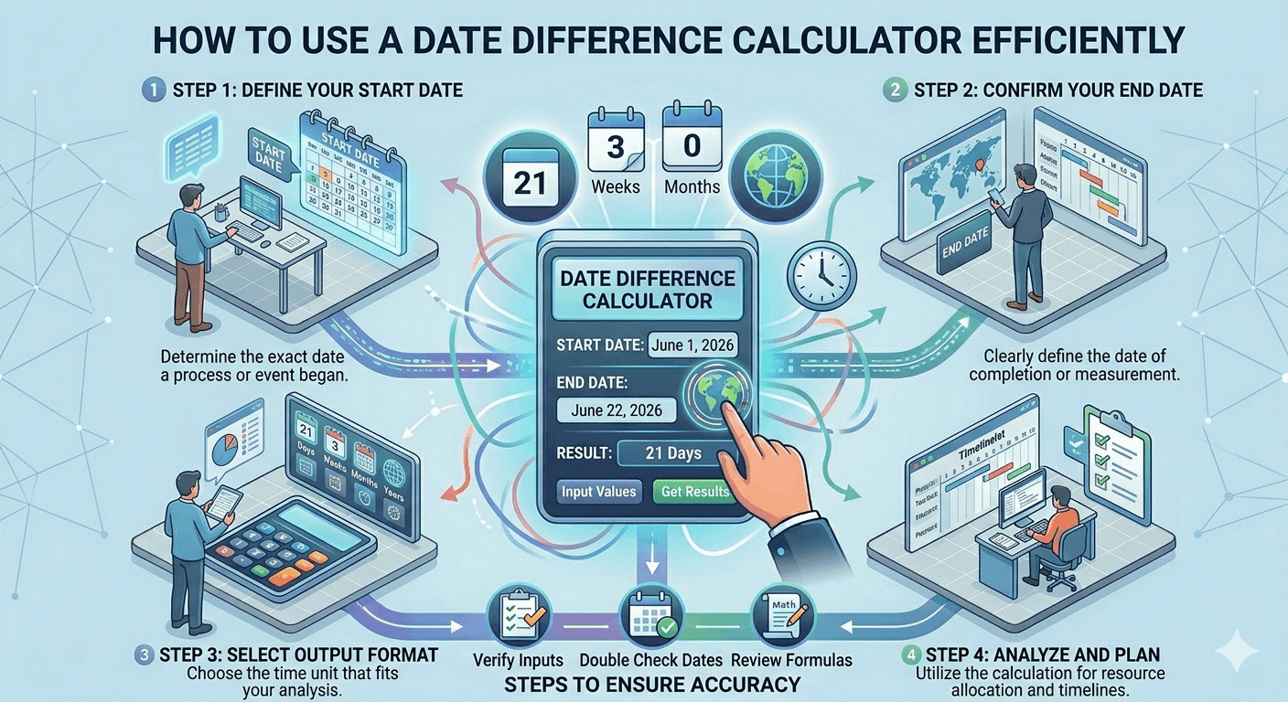 Date Difference Calculator Flowchart showing input of start and end dates, calculation process, validation, and display of results