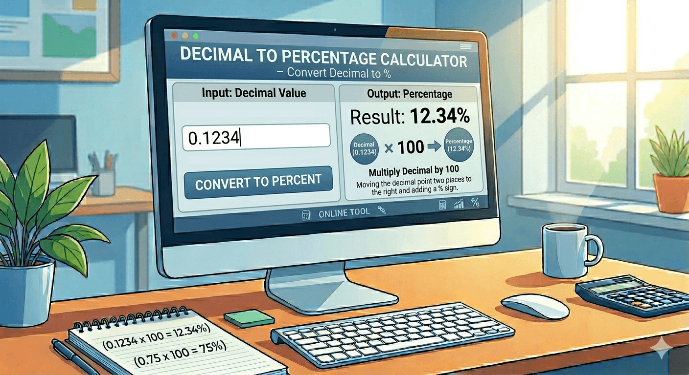 Decimal to Percentage Calculator Flowchart showing decimal input, validation, conversion calculation, and result display