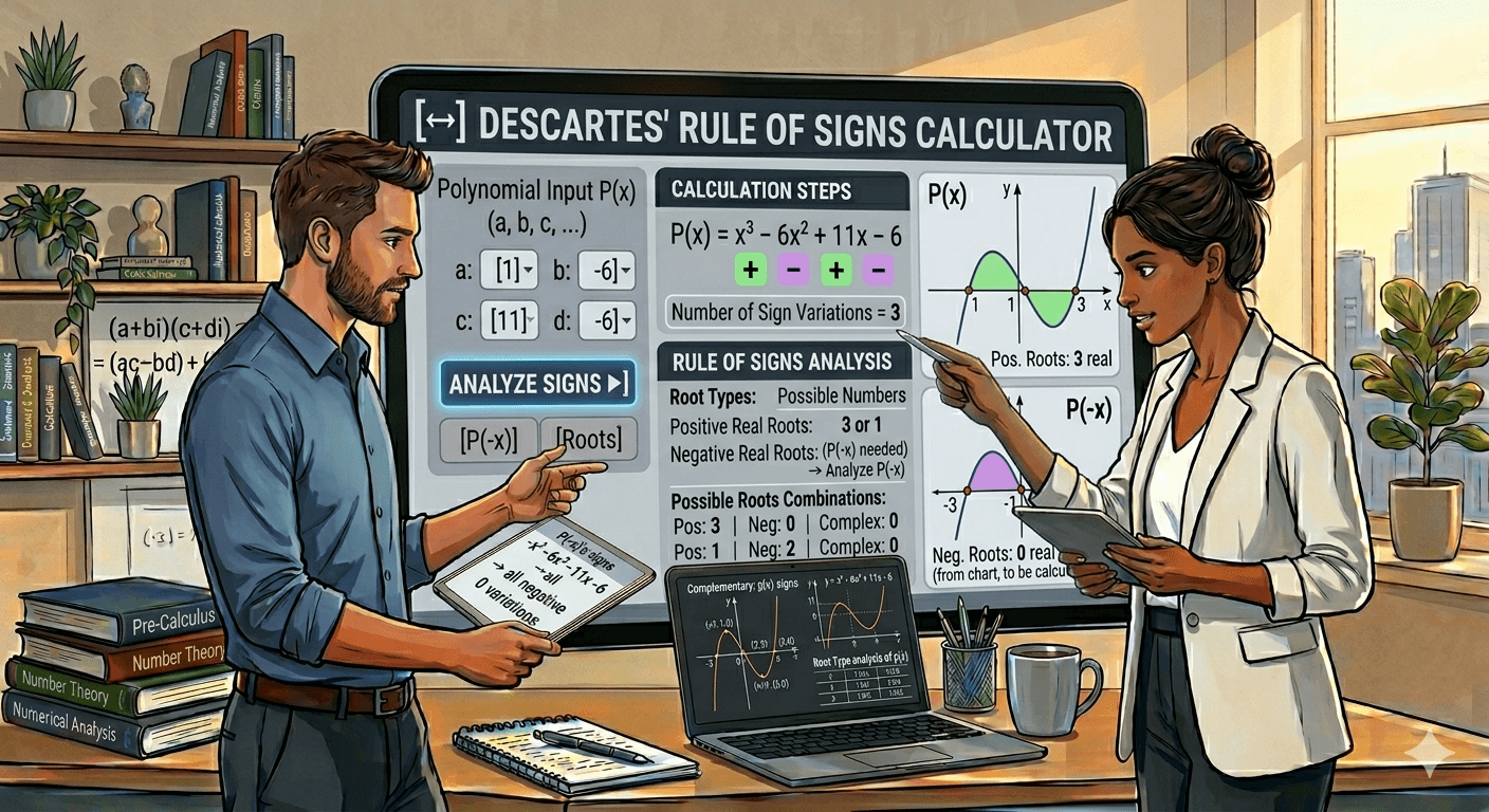 Descartes' Rule of Signs Calculator Flowchart showing polynomial input, validation, sign analysis process, and result display