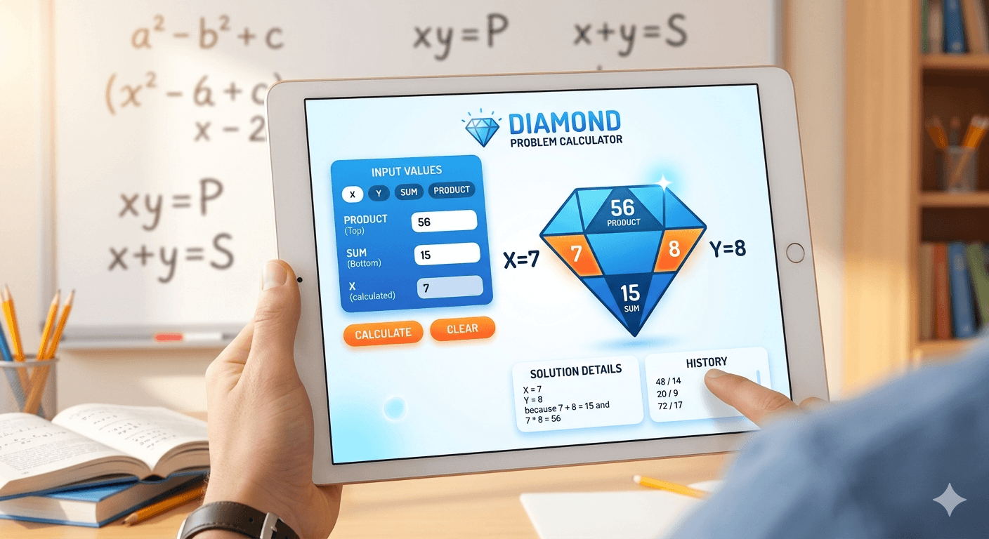 Diamond Problem Calculator Flowchart showing input of terms, validation, calculation process, and result display