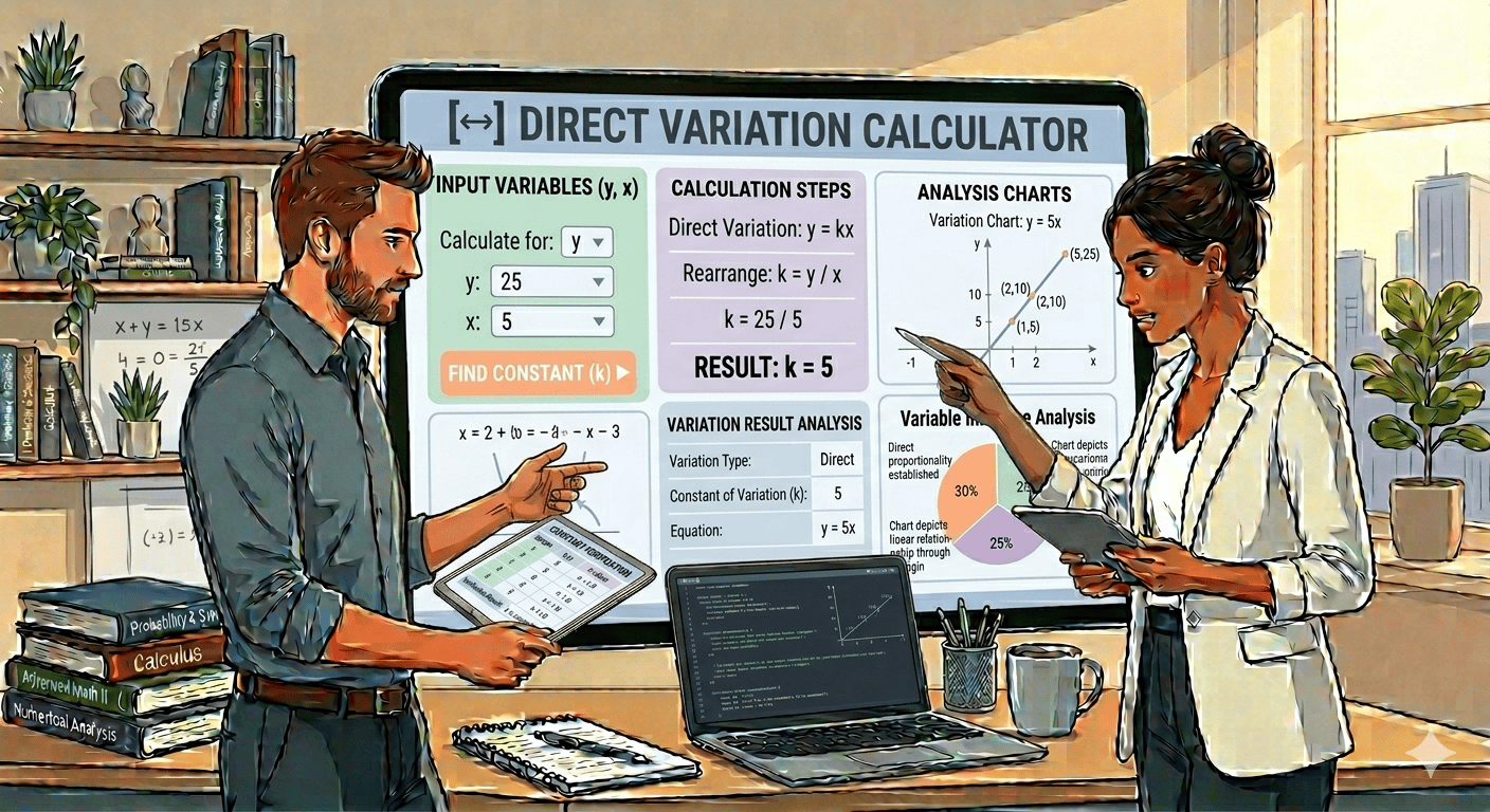 Direct Variation Calculator Flowchart showing input of variables, validation, calculation process, and result display