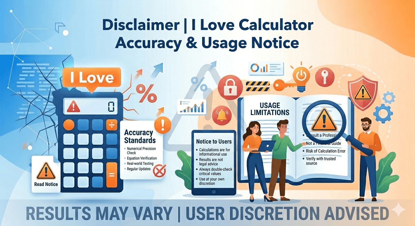 Disclaimer diagram showing calculator accuracy notice, informational use only, no professional advice, limitation of liability, user responsibility, and verification of results for I Love Calculator