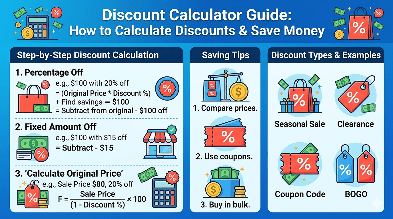 Discount Calculator Flowchart showing input of original price, discount percentage, selection of calculation type, validation, computation process, and display of discounted price