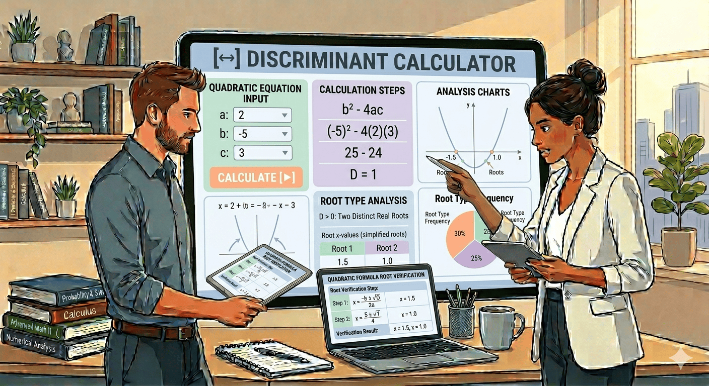 Discriminant Calculator Flowchart showing quadratic equation input, validation, discriminant calculation process, and result display
