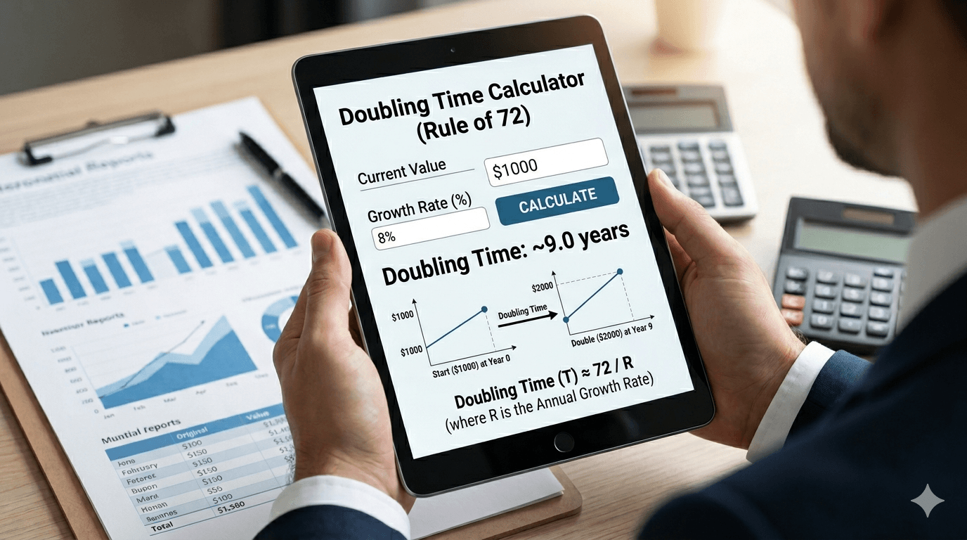 Double Time Calculator Flowchart showing principal input, rate input, time calculation validation, and result display