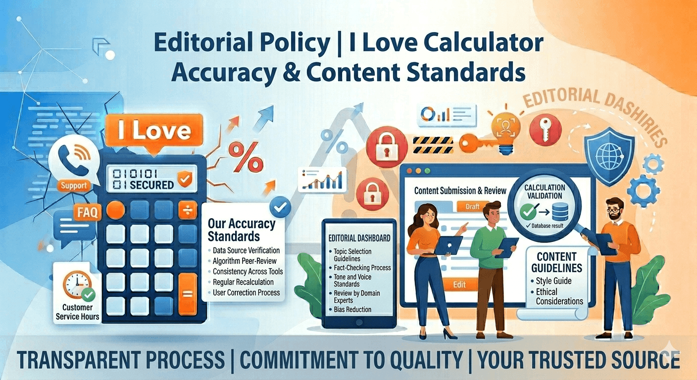 Editorial Policy diagram showing content accuracy, quality standards, fact checking, transparency, editorial guidelines, and reliable information practices for I Love Calculator