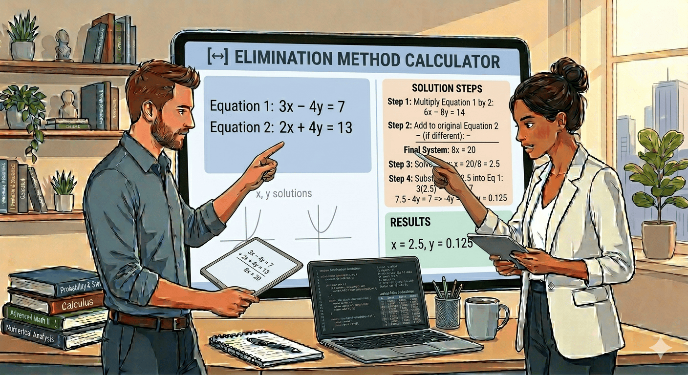 Elimination Method Calculator Flowchart showing system of equations input, validation, elimination process, and result display