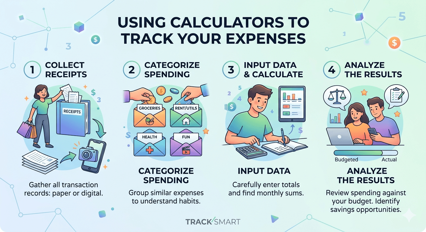 Expense Tracking Calculator Flowchart showing input of income and expenses, validation, categorization, calculation process, and result summary display