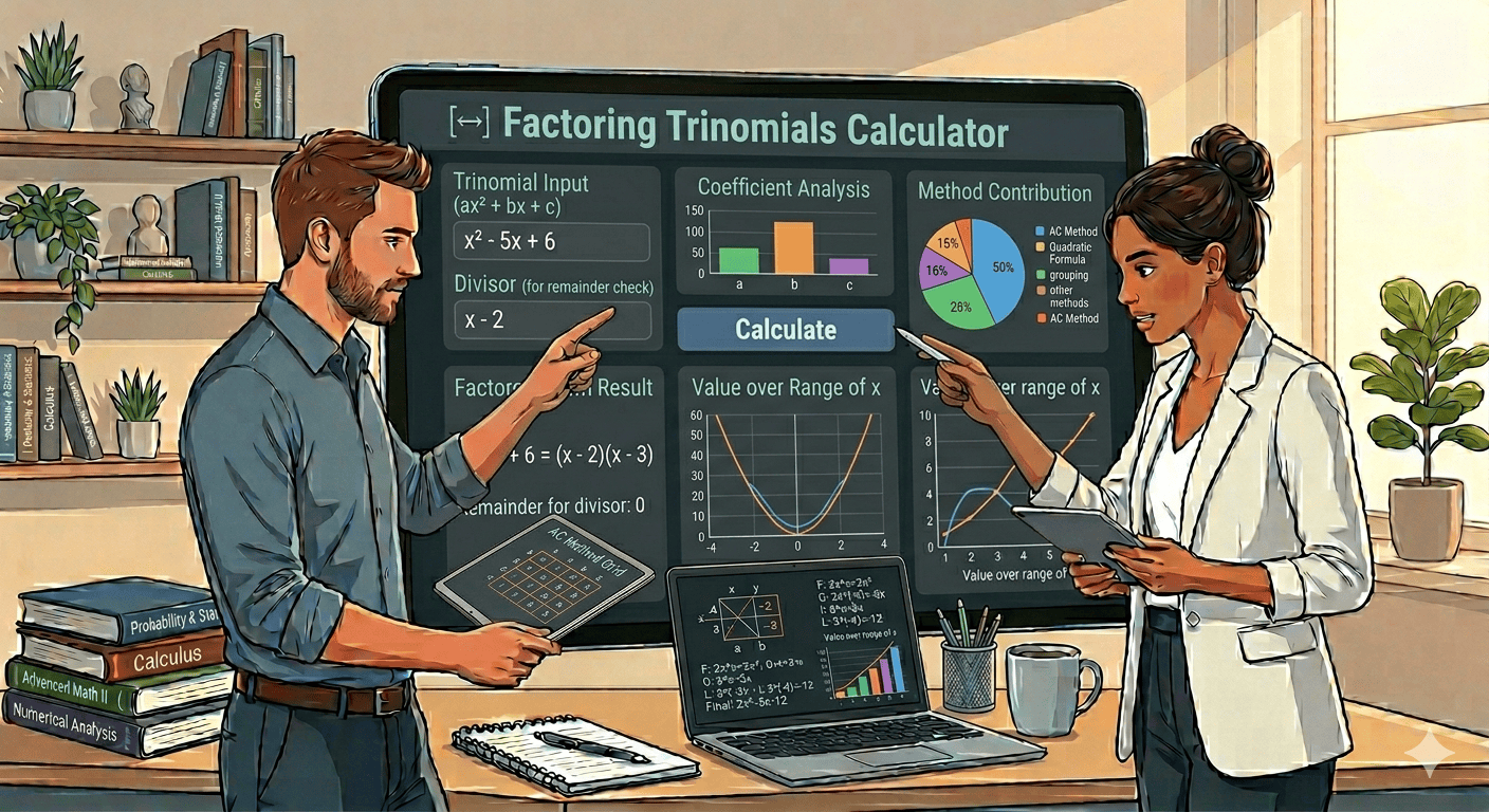 Factoring Trinomials Calculator Flowchart showing trinomial input, validation, factoring process, and result display