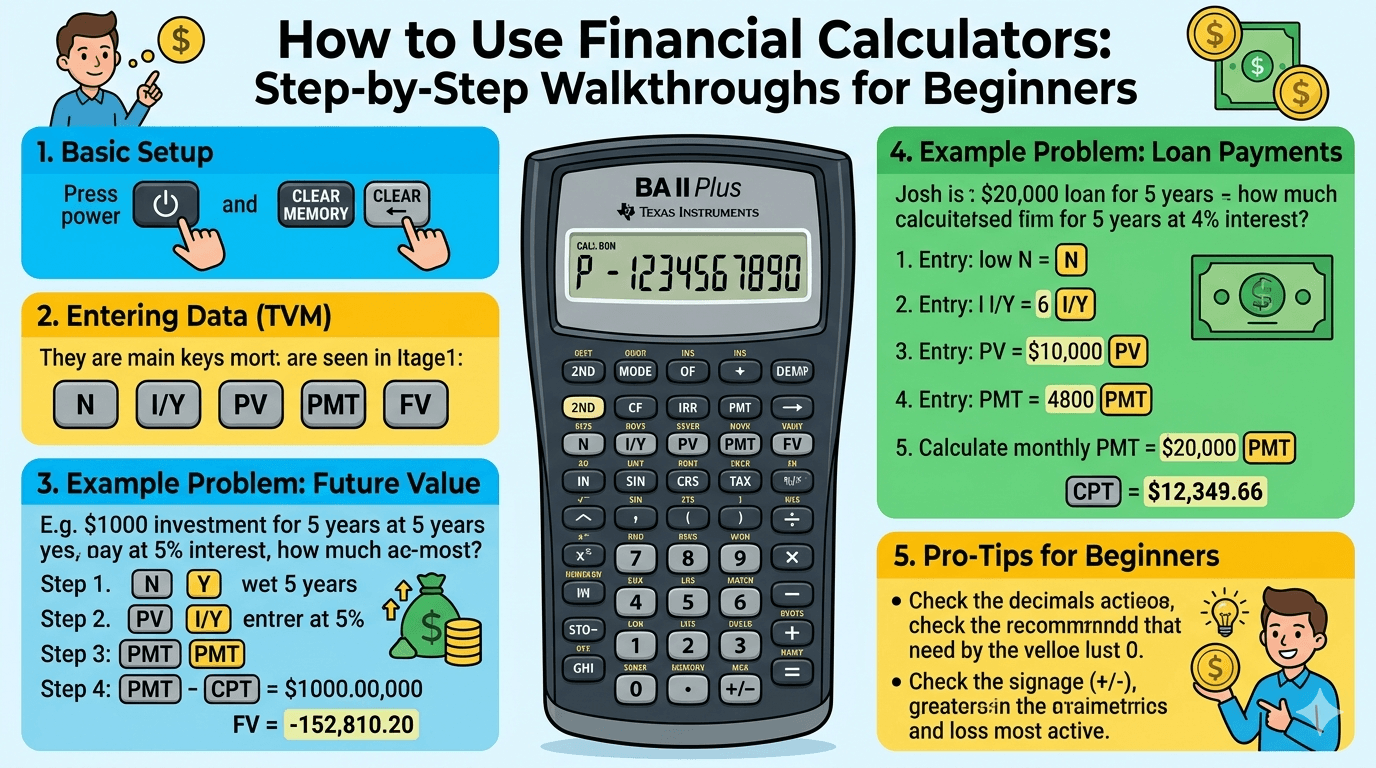 Financial Calculators Flowchart showing input of financial data, validation, calculation steps, and display of results for beginners